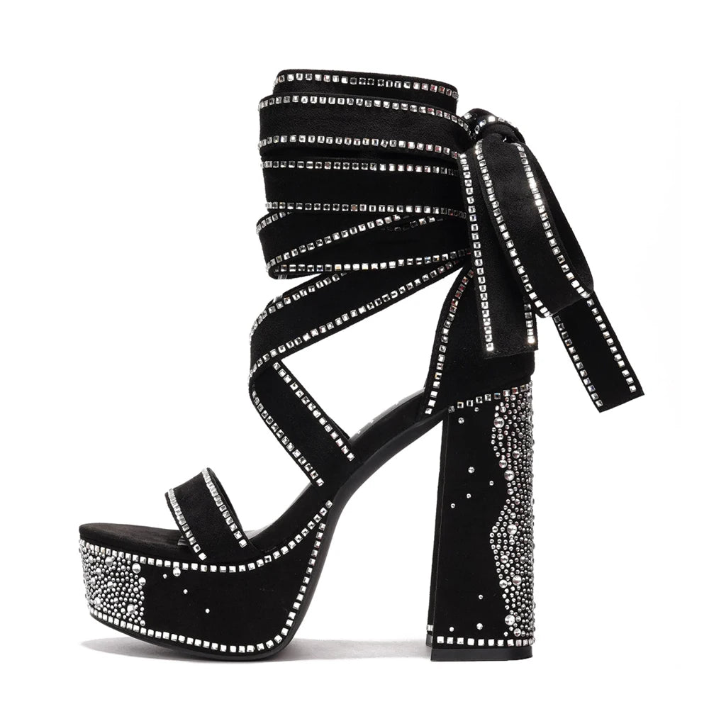 Shiny Diamonds High Platform Women Chunky Block Heels Long Rhinestones Cross Leg Strap Pumps Single Band Denim Shoes