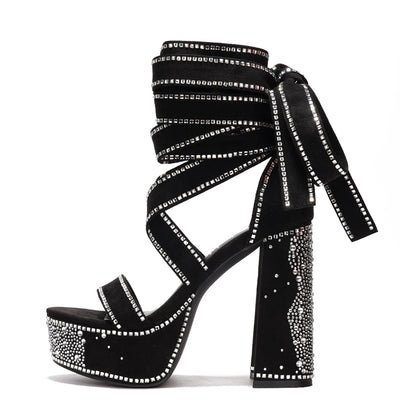 Shiny Diamonds High Platform Women Chunky Block Heels Long Rhinestones Cross Leg Strap Pumps Single Band Denim Shoes