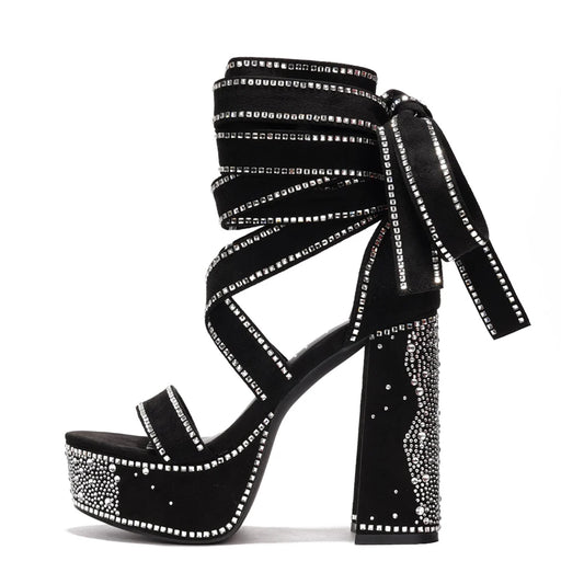 Shiny Diamonds High Platform Women Chunky Block Heels Long Rhinestones Cross Leg Strap Pumps Single Band Denim Shoes