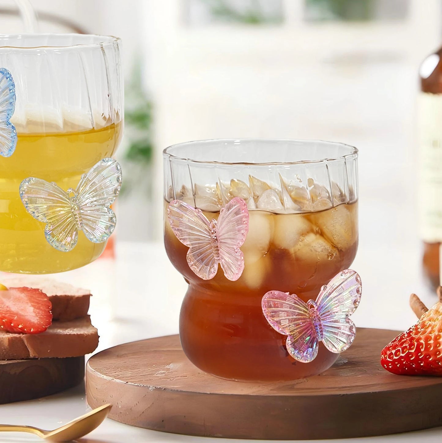 Coquette Cute Pink Butterfly Glass Cups Aesthetic Tumbler for Teens Women for Iced Coffee Home Party Office Anthropology Gift