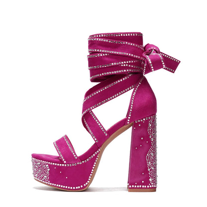 Shiny Diamonds High Platform Women Chunky Block Heels Long Rhinestones Cross Leg Strap Pumps Single Band Denim Shoes