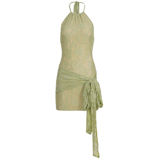 Green Woven Lace Halter Mini Dress with Side Tie Slim Fit A-Line Natural Waist Elegant Fairy Style Holiday Vacation Outfit