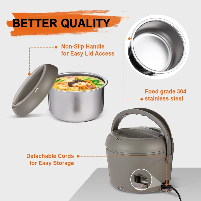 110V/220V/12V/24V 1.2L round Food Warmer Heater Stainless Steel Container Electric Lunch Box for Home Office Car Truck