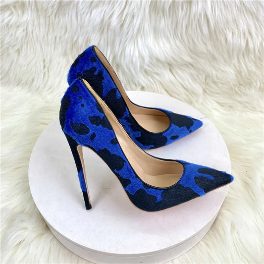 Talons Femme Elegant Stiletto Sandalias Sexy Pumps Royal Blue Leopard Print Heels