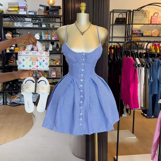 Summer New Fashion Elegant Blue Striped A-Line Asymmetrical Suspender Dress