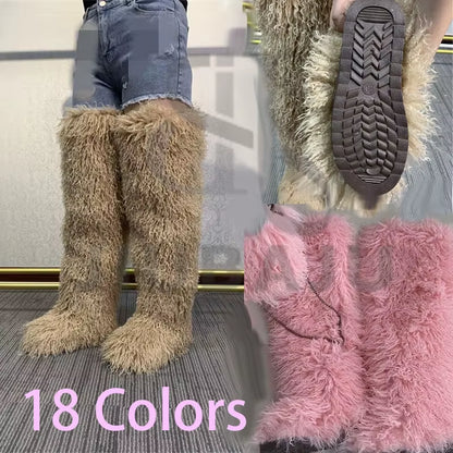 Winter Mongolian Fur Long Boots Warm Plush Flat Outdoor Furry Over-The-Knee Women Boots