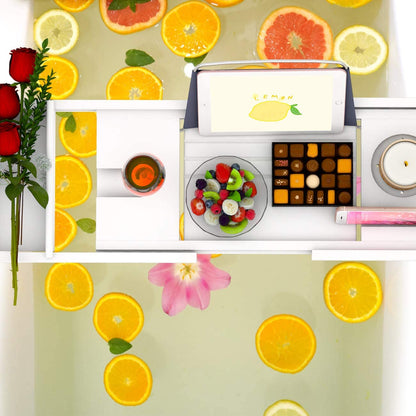 Bathtub Caddy Tray for Luxury Bath - Bamboo Waterproof Expandable Bath Table over Tub with Wine and Book Holder and Free Soap Dish (White)