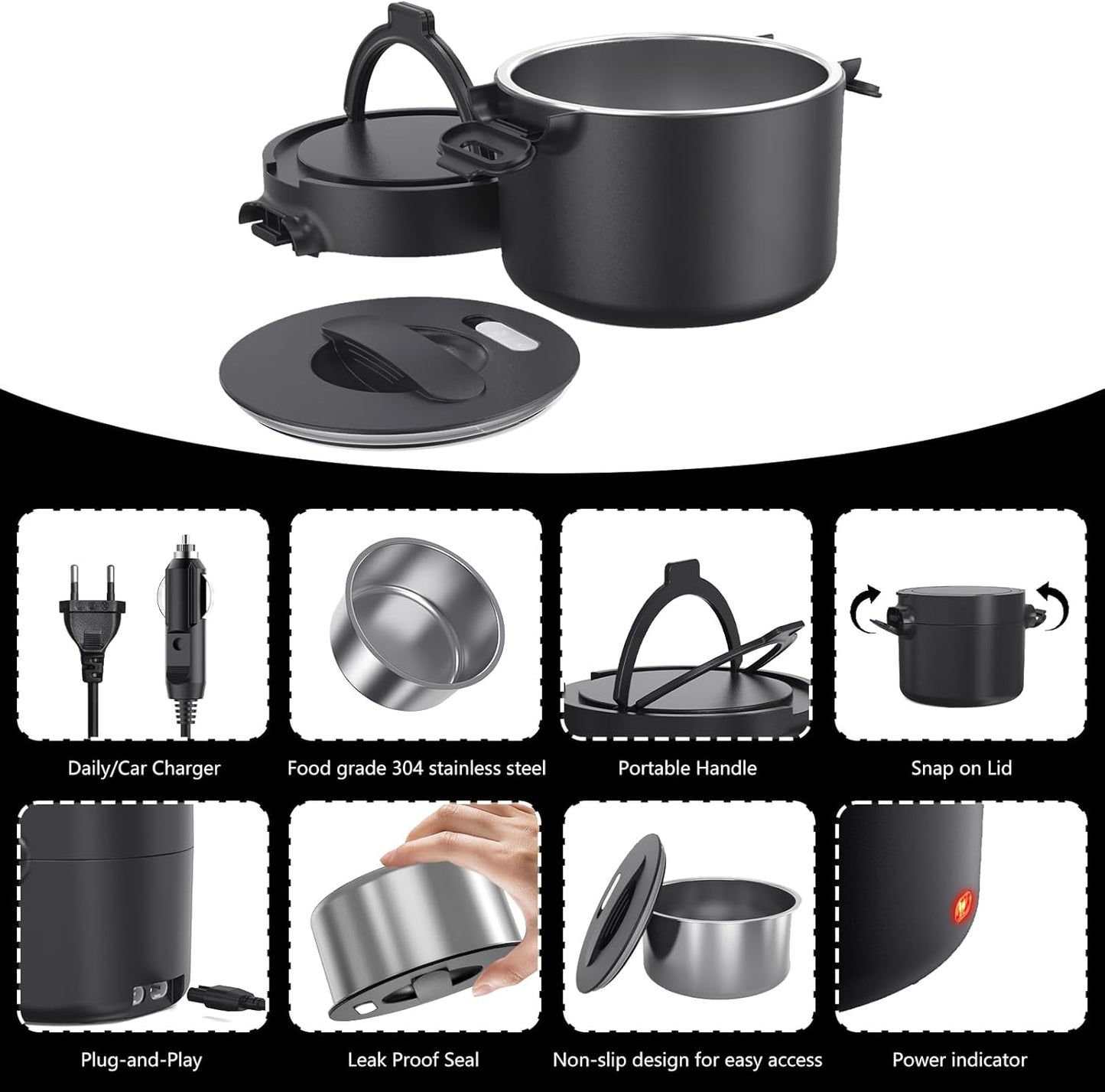 Electric Lunch Box Food Warmer: 100W Heated Lunch Box for Adults, 33Oz Portable Fast Heating Lunchbox Food Heater for Car, Truck, Work, Travel, 12/24V/110V (Crow Black)