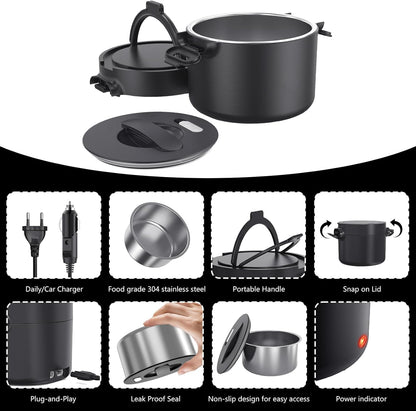 Electric Lunch Box Food Warmer: 100W Heated Lunch Box for Adults, 33Oz Portable Fast Heating Lunchbox Food Heater for Car, Truck, Work, Travel, 12/24V/110V (Crow Black)