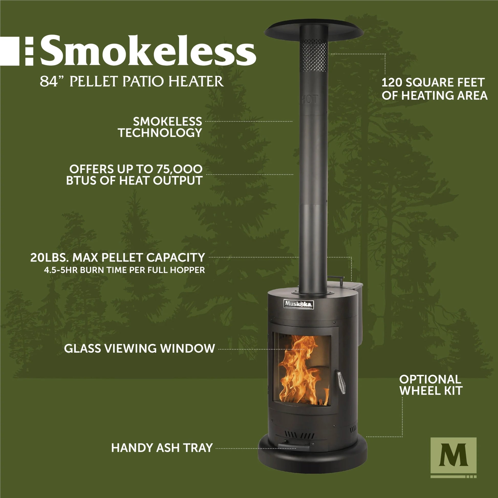 84" High 75,000 BTU Black Steel Wood Pellet Patio Heater