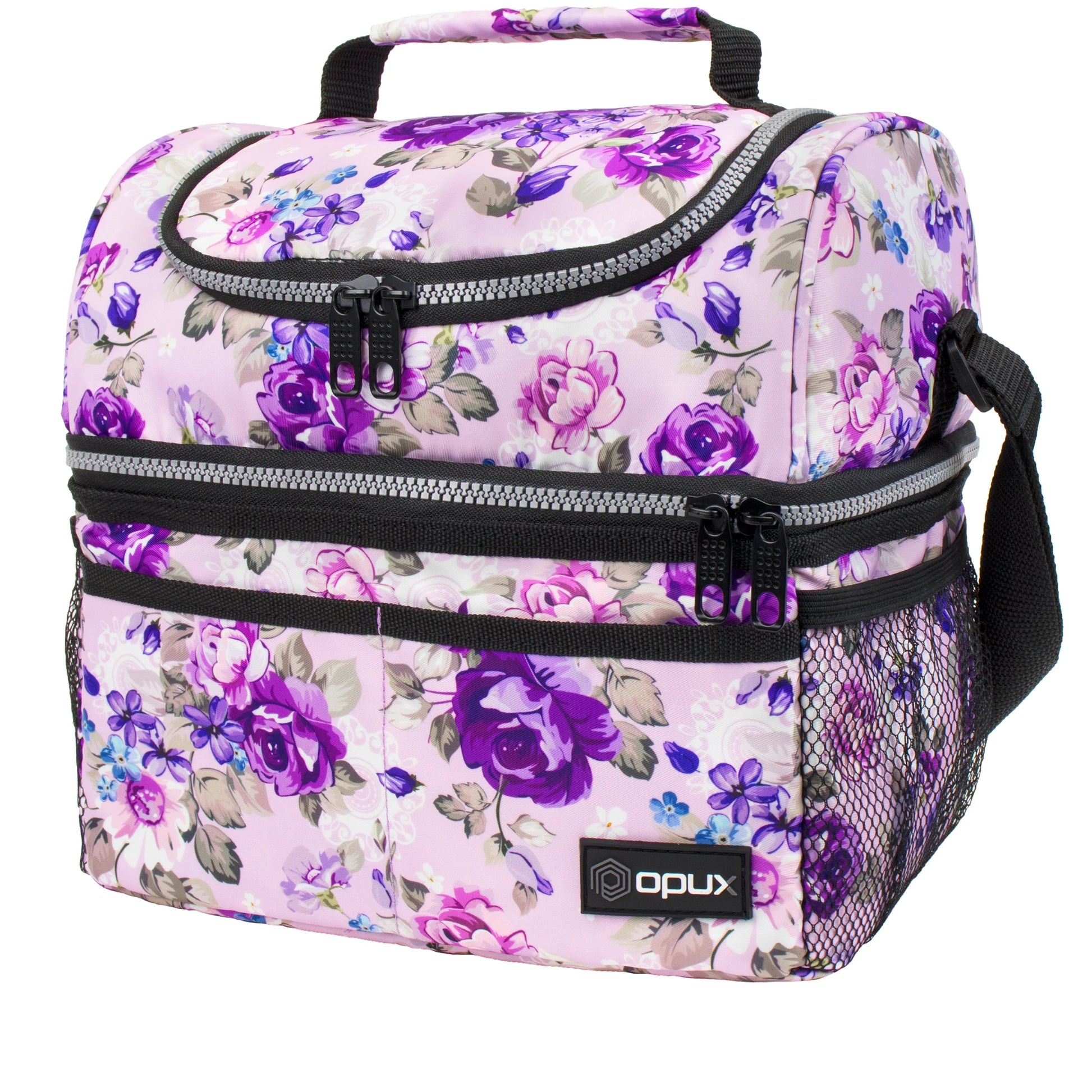 Lunch Box for Women, Insulated Large Lunch Bag Adult Work, Double Decker Lunchbox Meal Prep, Dual Compartment Leakproof Lunch Cooler, Soft Lunch Pail Tote for Girls Kids School, Floral Purple