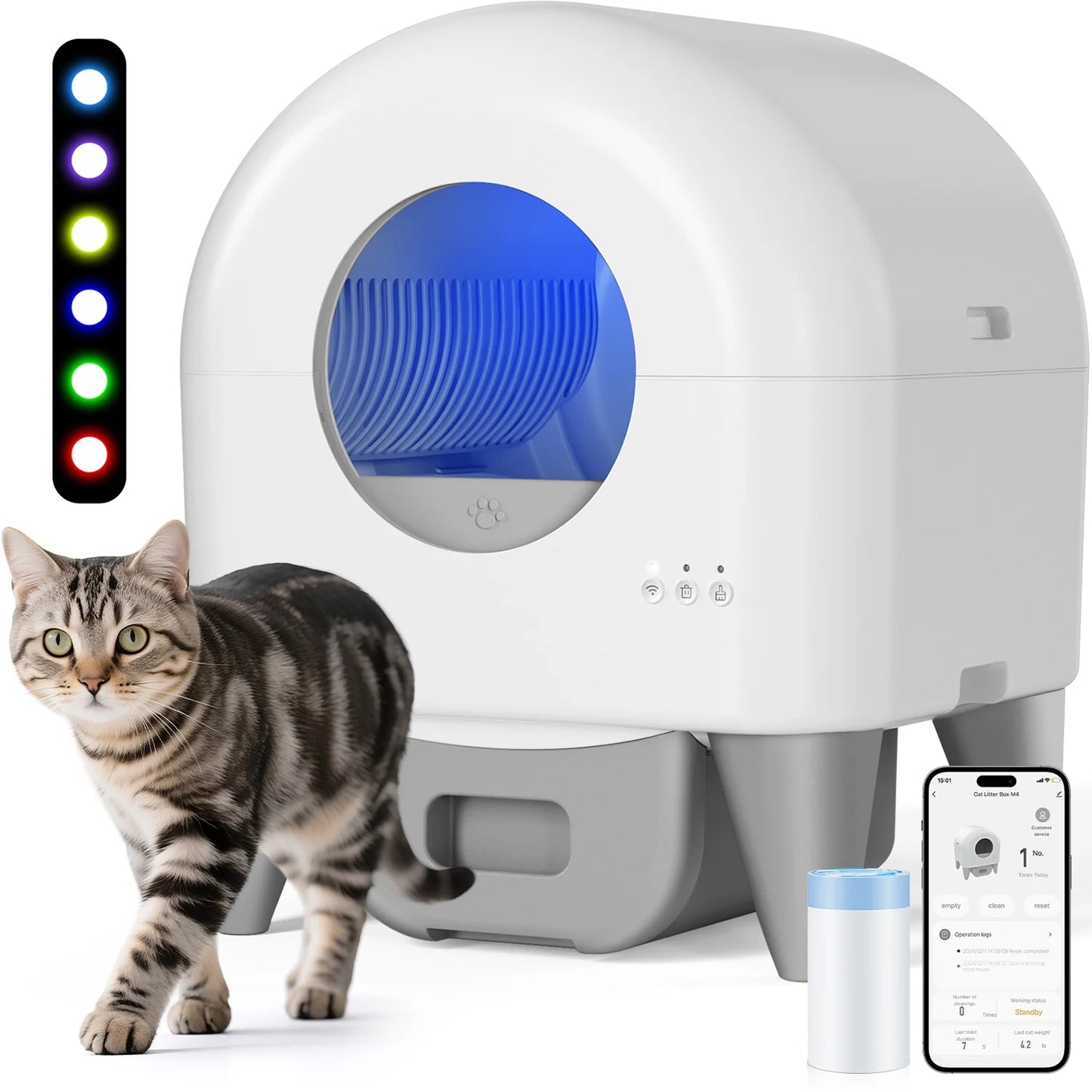 Self-Cleaning Cat Litter Box, App Controlled, with Safety Sensor, Removable and Washable Liner