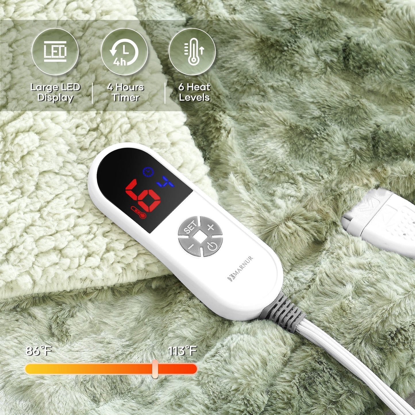 Electric Throw Blanket 50" X 60", Soft Faux Fur, Large LED Display, 6 Heating Levels, 4 Hours Timer - Tie-Dye Green