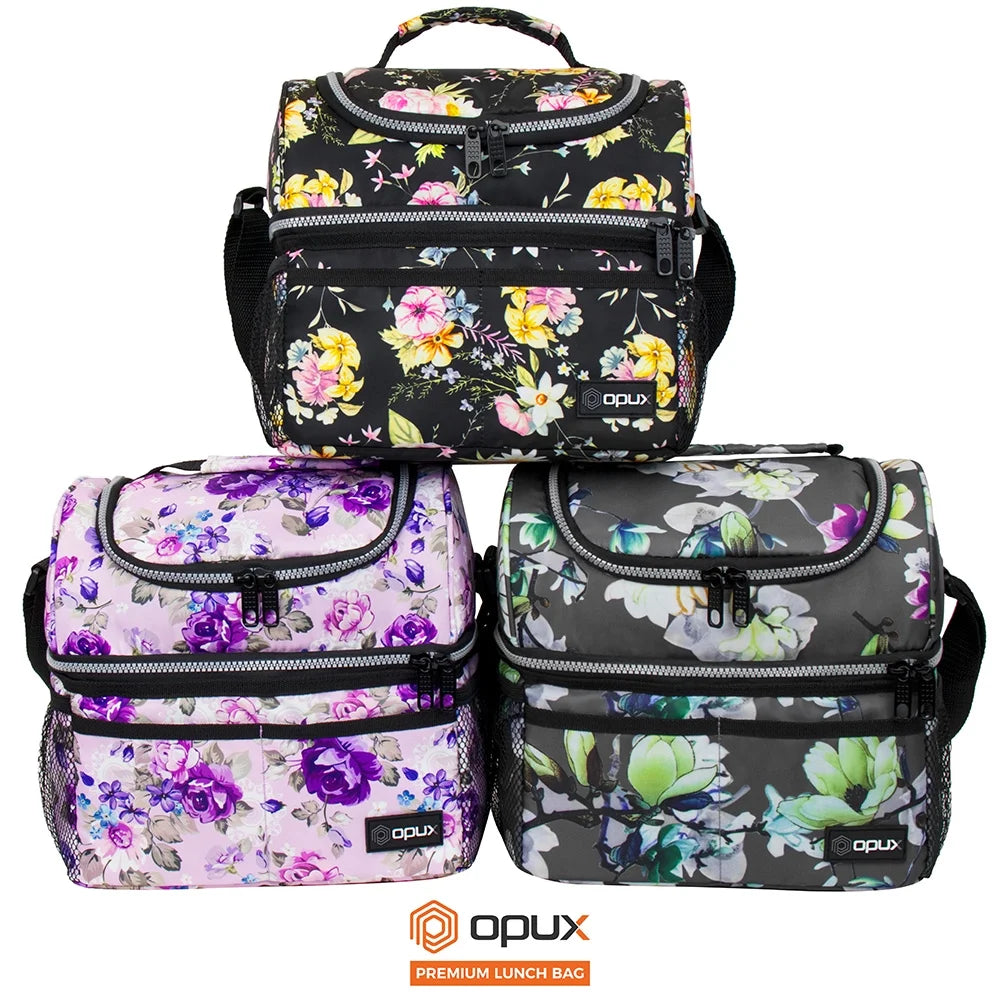 Lunch Box for Women, Insulated Large Lunch Bag Adult Work, Double Decker Lunchbox Meal Prep, Dual Compartment Leakproof Lunch Cooler, Soft Lunch Pail Tote for Girls Kids School, Floral Purple