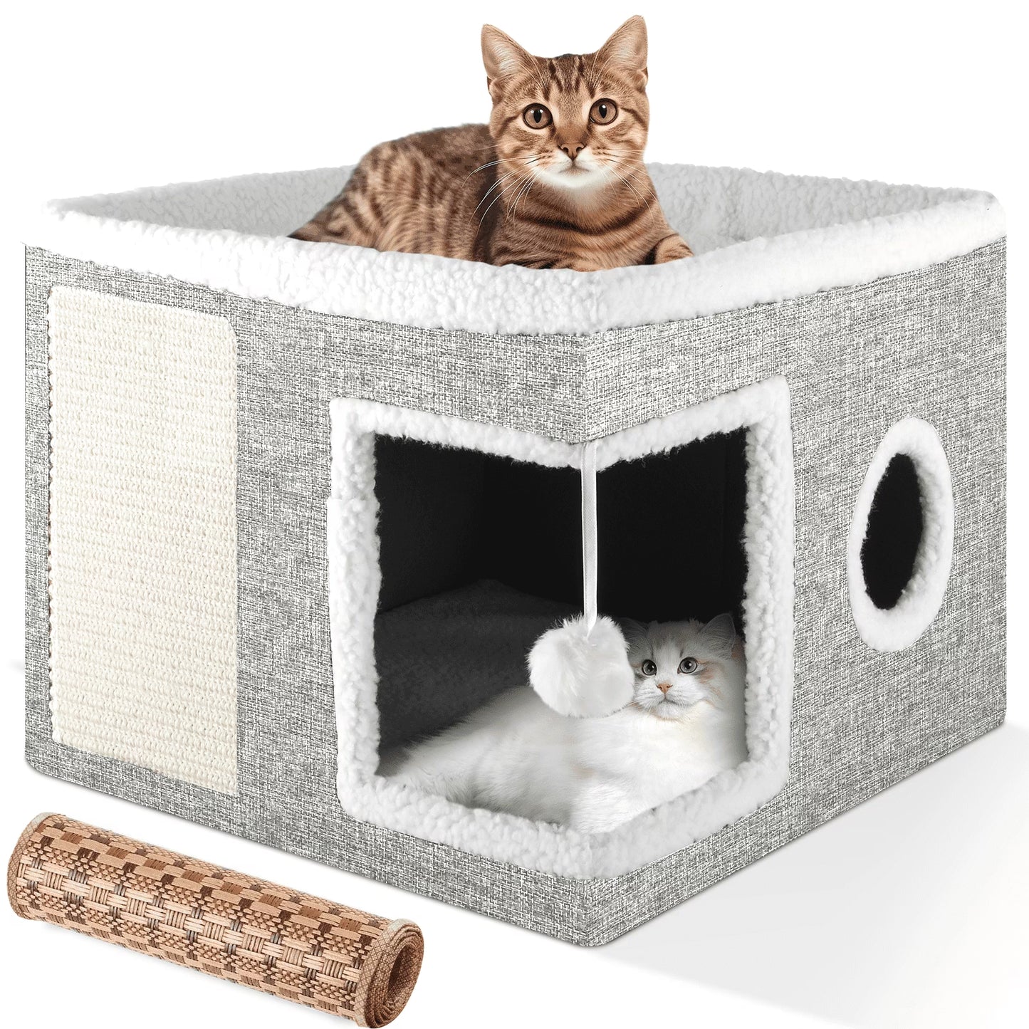 Cat Bed,  Cat House for Indoor Cats with 2 Cushion, Large Cat Cave with Scratch Pad and Fluffy Ball Hanging, Light Gray
