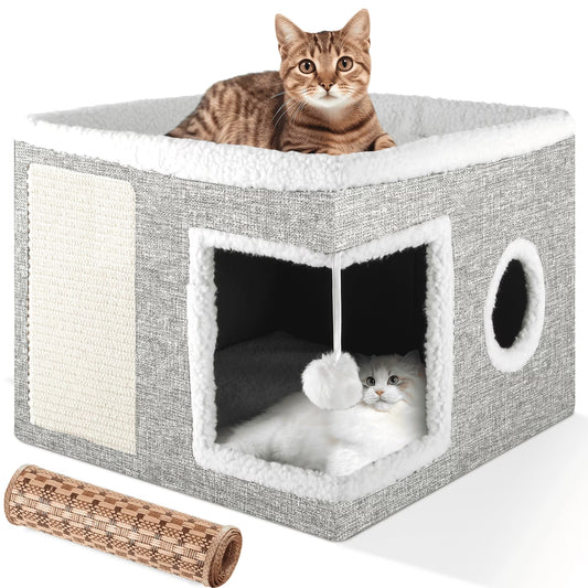 Cat Bed,  Cat House for Indoor Cats with 2 Cushion, Large Cat Cave with Scratch Pad and Fluffy Ball Hanging, Light Gray