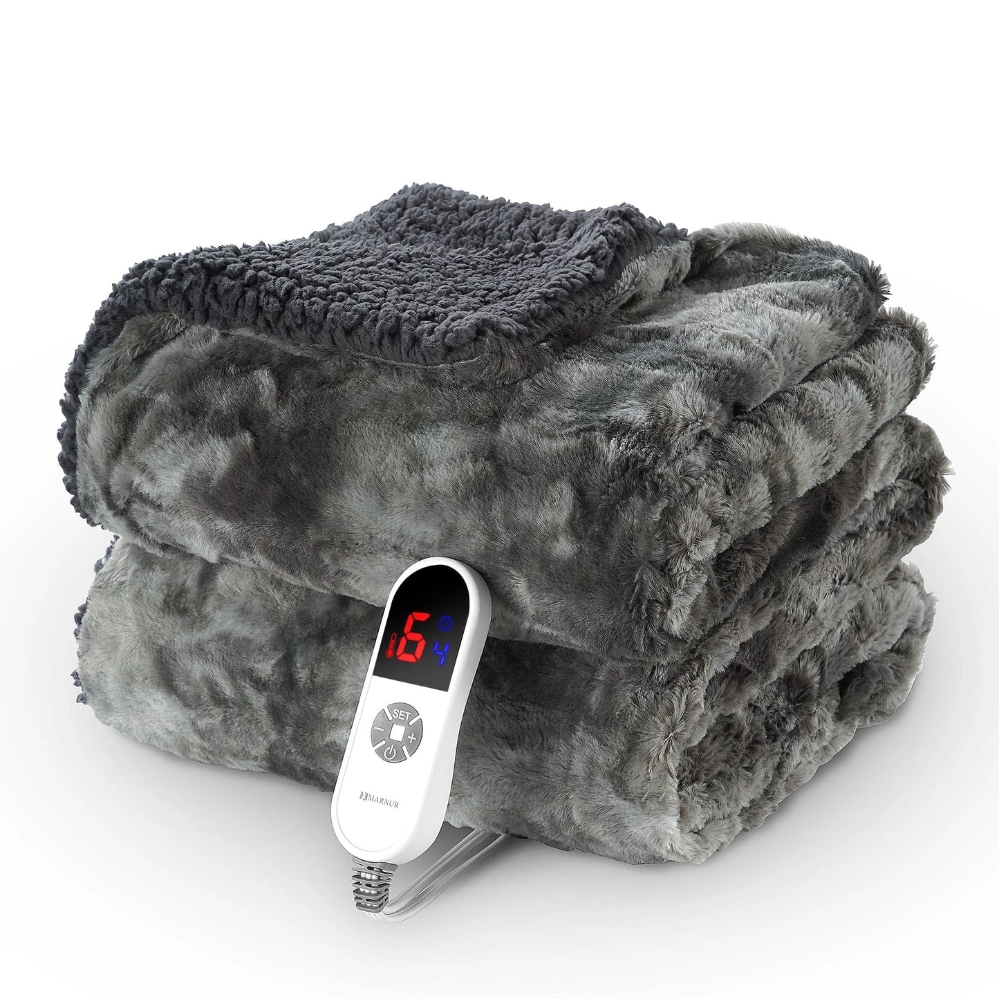 Electric Throw Blanket 50" X 60", Soft Faux Fur Heated Blanket with Large LED Display, 6 Heating Levels, 4 Hours Timer , Tie-Dye Gray