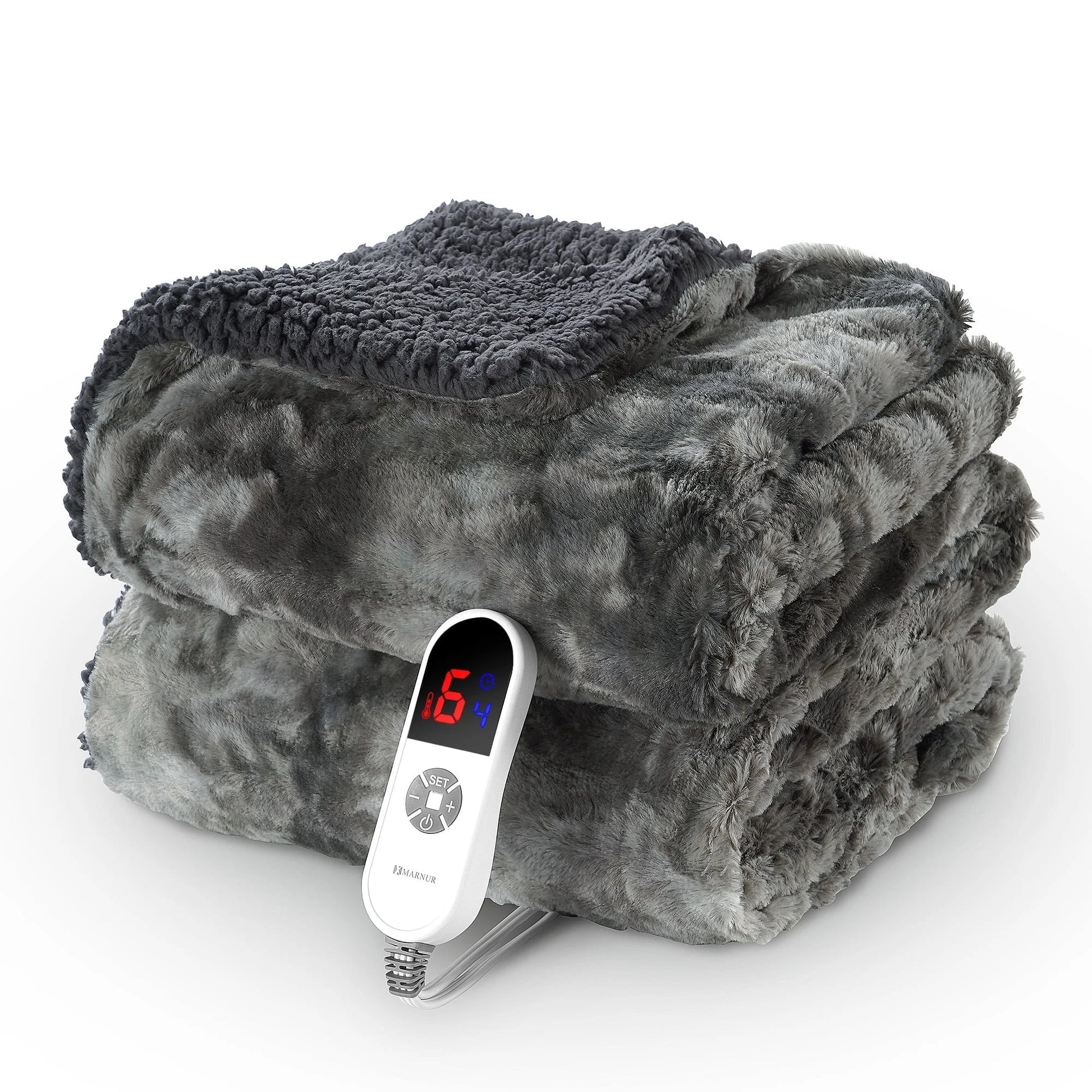 Electric Throw Blanket 50" X 60", Soft Faux Fur Heated Blanket with Large LED Display, 6 Heating Levels, 4 Hours Timer , Tie-Dye Gray