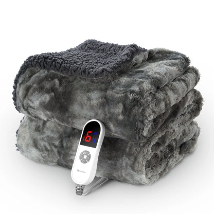 Electric Throw Blanket 50" X 60", Soft Faux Fur Heated Blanket with Large LED Display, 6 Heating Levels, 4 Hours Timer , Tie-Dye Gray