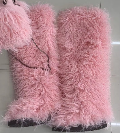 Winter Mongolian Fur Long Boots Warm Plush Flat Outdoor Furry Over-The-Knee Women Boots