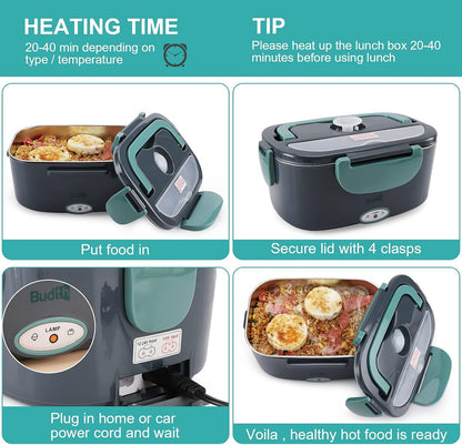 80W Electric Lunch Box, Portable Food Warmer for Car Truck Office, 12V 24V 110V Adapter, Leak Proof, 304 Stainless Steel Container, SS Fork & Spoon and Carry Bag (Green)