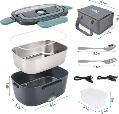 80W Electric Lunch Box, Portable Food Warmer for Car Truck Office, 12V 24V 110V Adapter, Leak Proof, 304 Stainless Steel Container, SS Fork & Spoon and Carry Bag (Green)