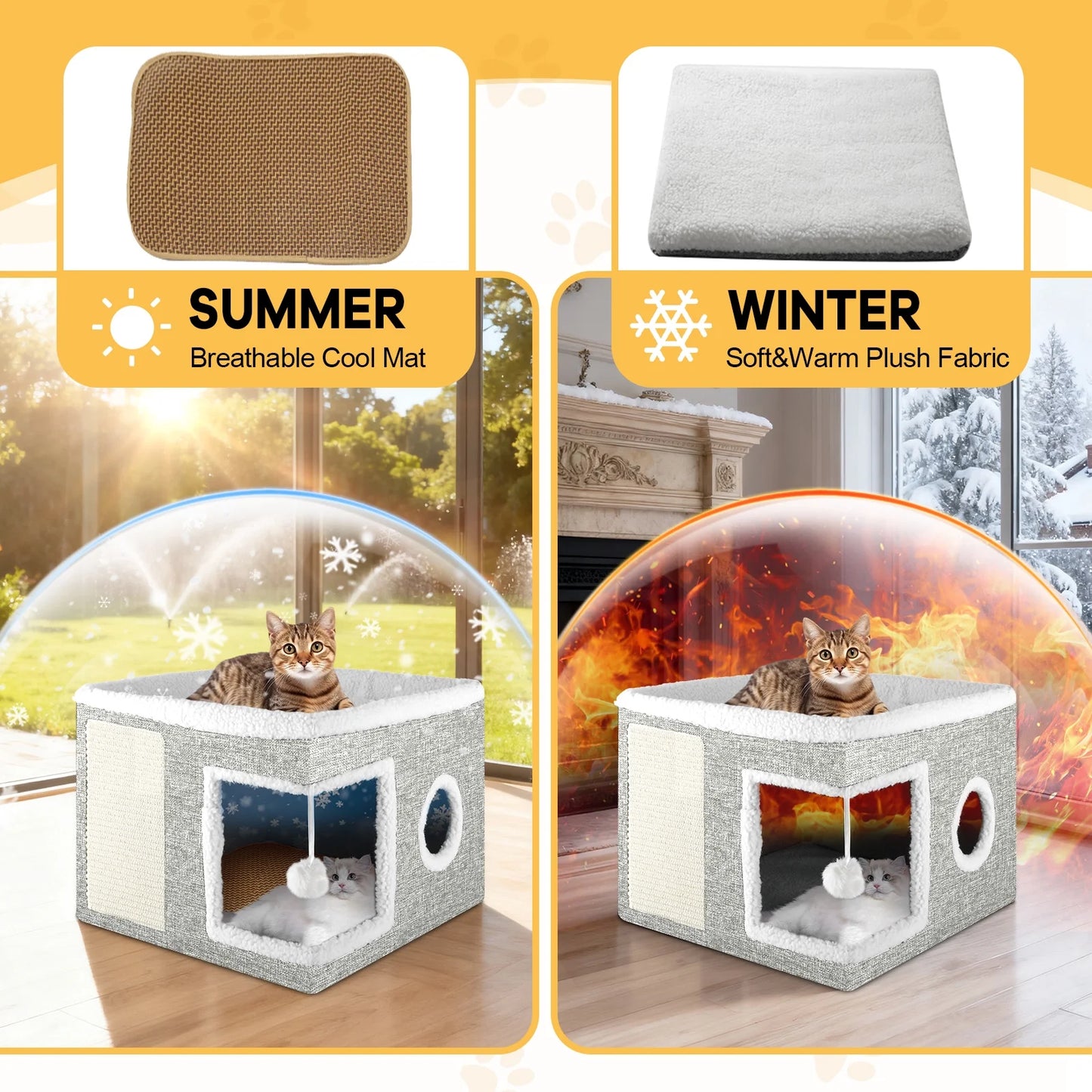 Cat Bed,  Cat House for Indoor Cats with 2 Cushion, Large Cat Cave with Scratch Pad and Fluffy Ball Hanging, Light Gray