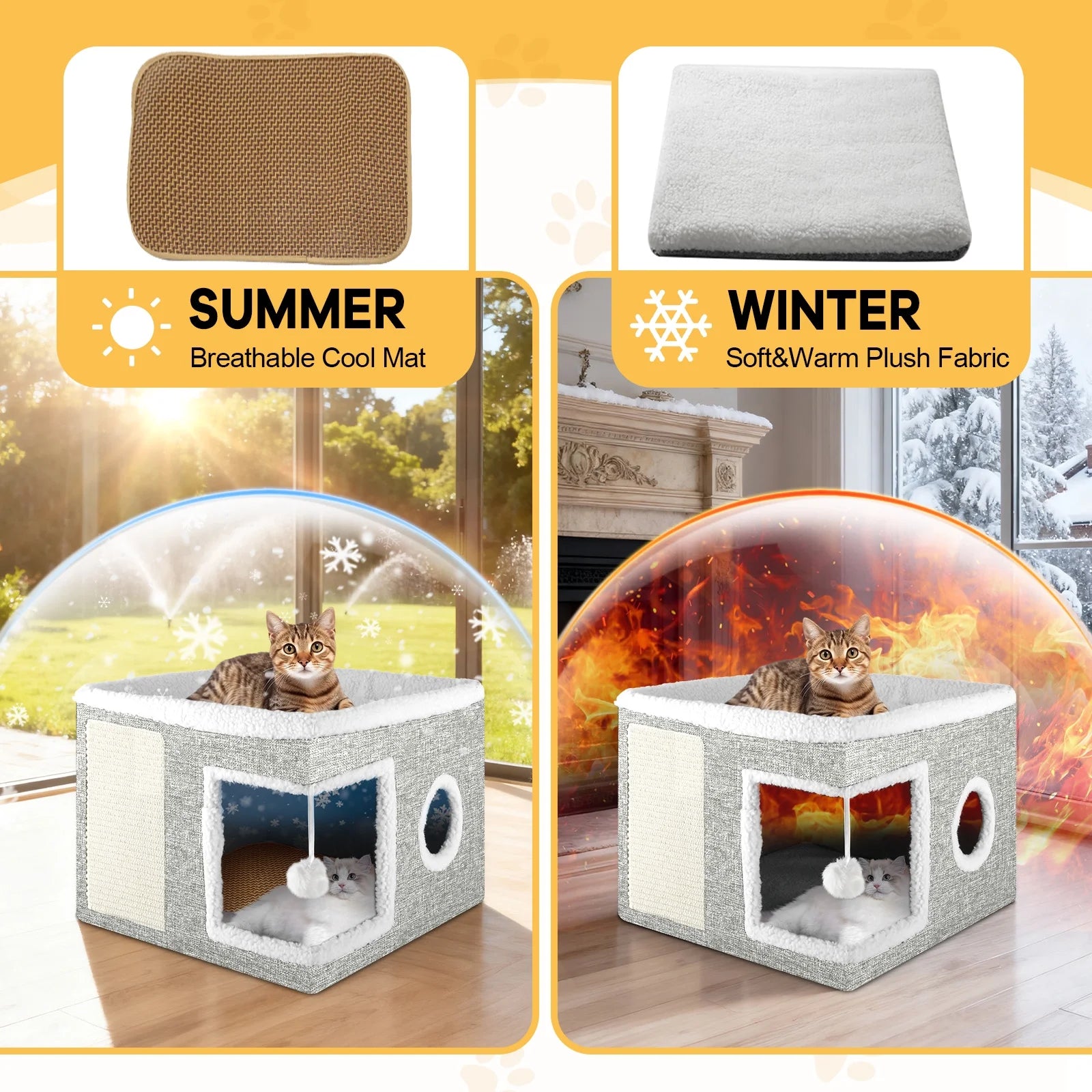 Cat Bed,  Cat House for Indoor Cats with 2 Cushion, Large Cat Cave with Scratch Pad and Fluffy Ball Hanging, Light Gray