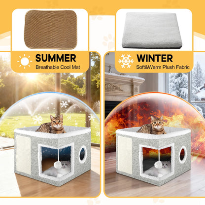 Cat Bed,  Cat House for Indoor Cats with 2 Cushion, Large Cat Cave with Scratch Pad and Fluffy Ball Hanging, Light Gray