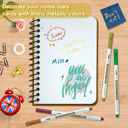 18 Pack Metallic Marker Pens,  16 Colors Fine Tip Paint Pens with 2 Stencils for DIY Craft Photo Album Rock Art Painting Card Making Glass Wood