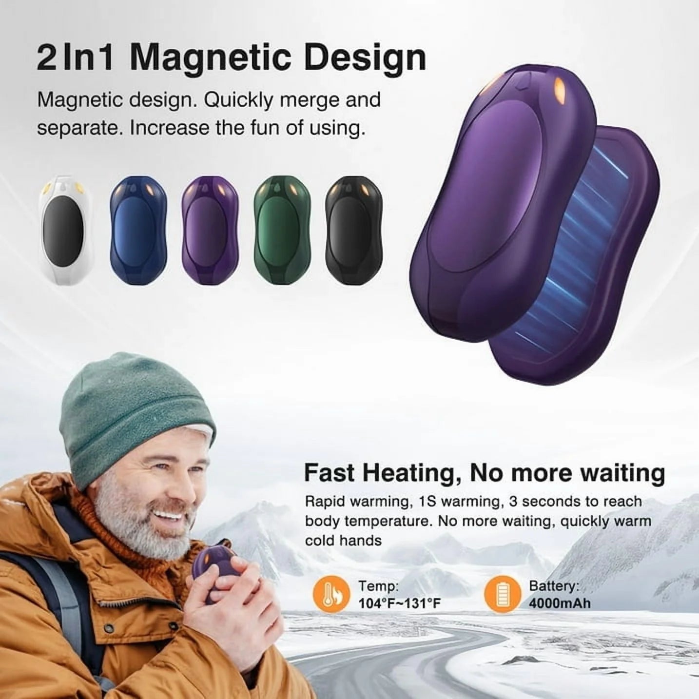 Hand Warmers Rechargeable 2 Pack–Magnetic Heating, 3 Heat Settings, Portable Pocket Warmers for Raynauds, Hunting, Golf, Winter Camping