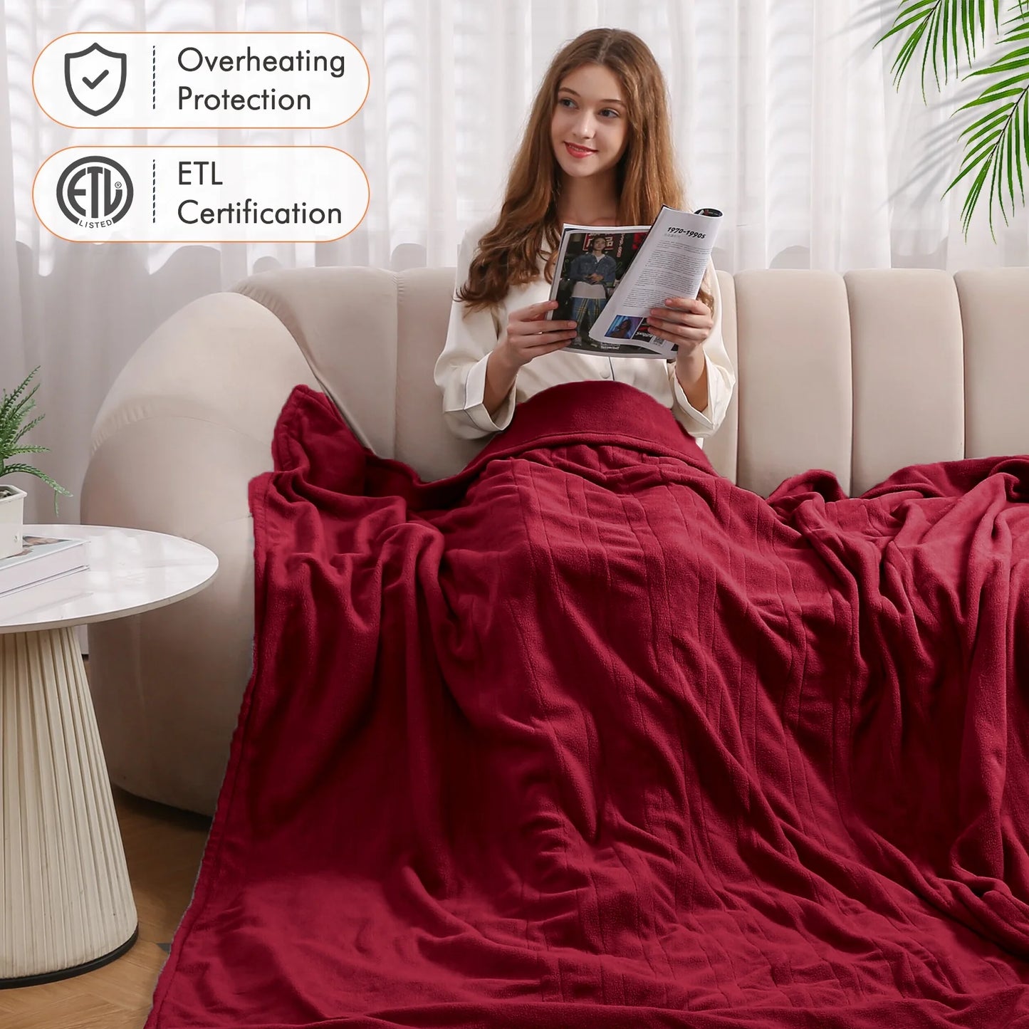 Electric Heated Blanket Polar Fleece Full Size 72''X 84'' with 6 Heating Levels 10H Timer - Red