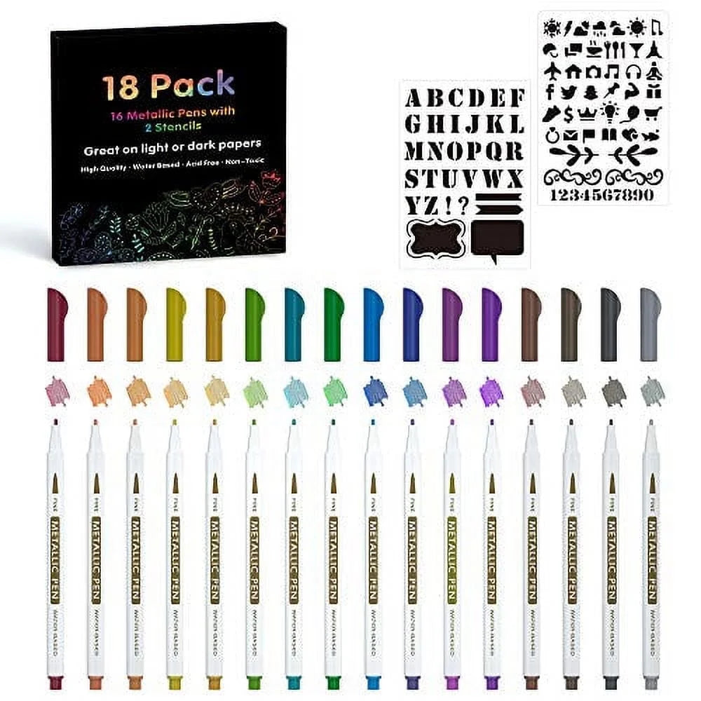 18 Pack Metallic Marker Pens,  16 Colors Fine Tip Paint Pens with 2 Stencils for DIY Craft Photo Album Rock Art Painting Card Making Glass Wood