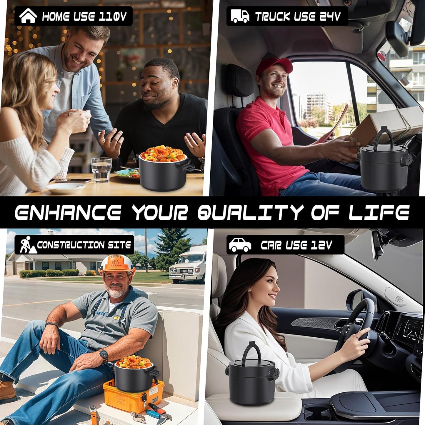 Electric Lunch Box Food Warmer: 100W Heated Lunch Box for Adults, 33Oz Portable Fast Heating Lunchbox Food Heater for Car, Truck, Work, Travel, 12/24V/110V (Crow Black)