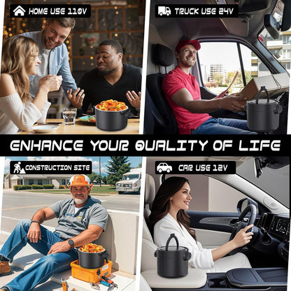 Electric Lunch Box Food Warmer: 100W Heated Lunch Box for Adults, 33Oz Portable Fast Heating Lunchbox Food Heater for Car, Truck, Work, Travel, 12/24V/110V (Crow Black)