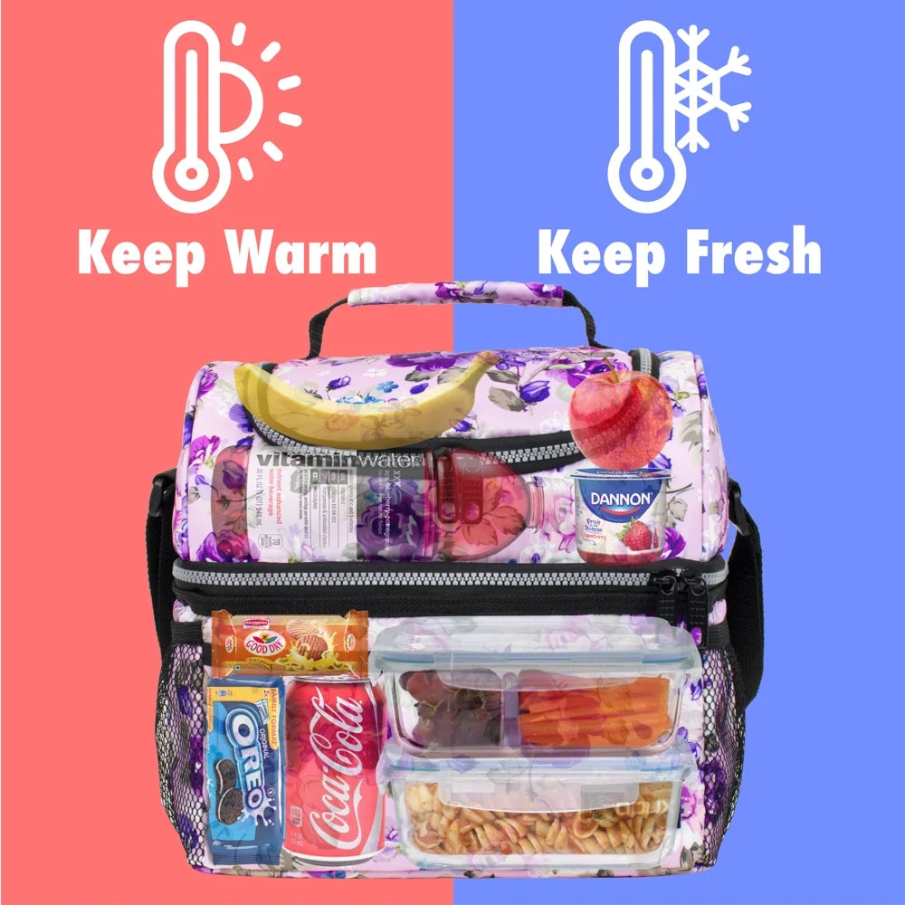 Lunch Box for Women, Insulated Large Lunch Bag Adult Work, Double Decker Lunchbox Meal Prep, Dual Compartment Leakproof Lunch Cooler, Soft Lunch Pail Tote for Girls Kids School, Floral Purple
