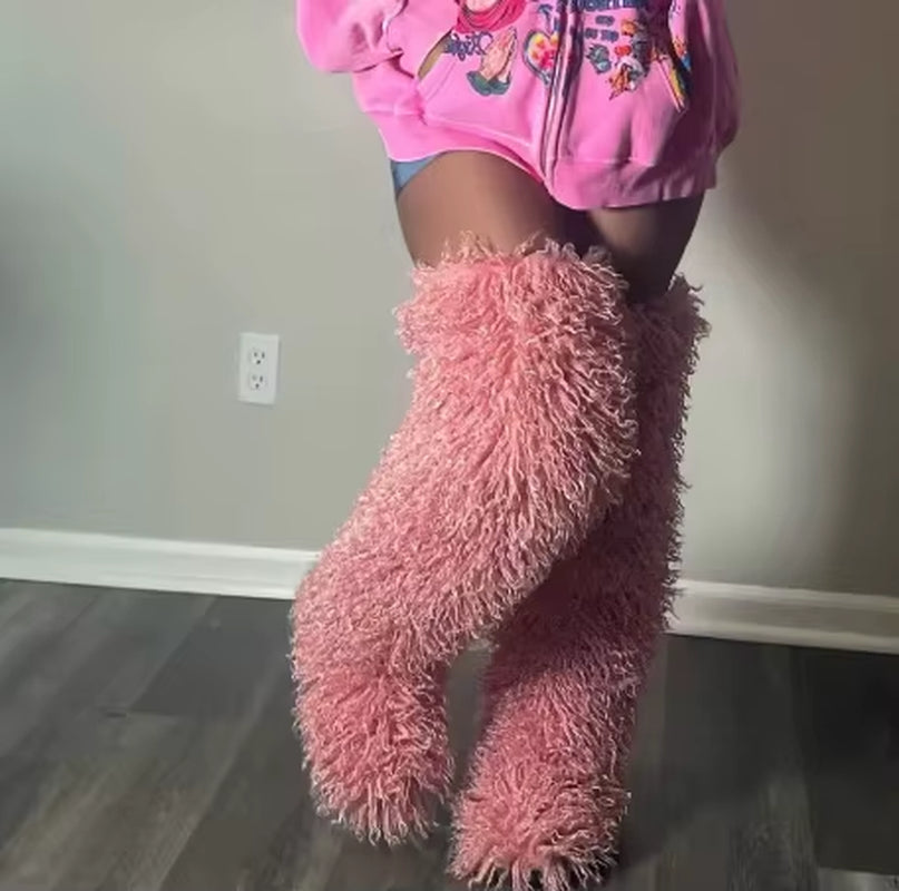 Winter Mongolian Fur Long Boots Warm Plush Flat Outdoor Furry Over-The-Knee Women Boots