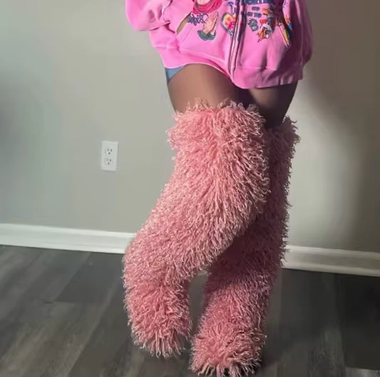 Winter Mongolian Fur Long Boots Warm Plush Flat Outdoor Furry Over-The-Knee Women Boots