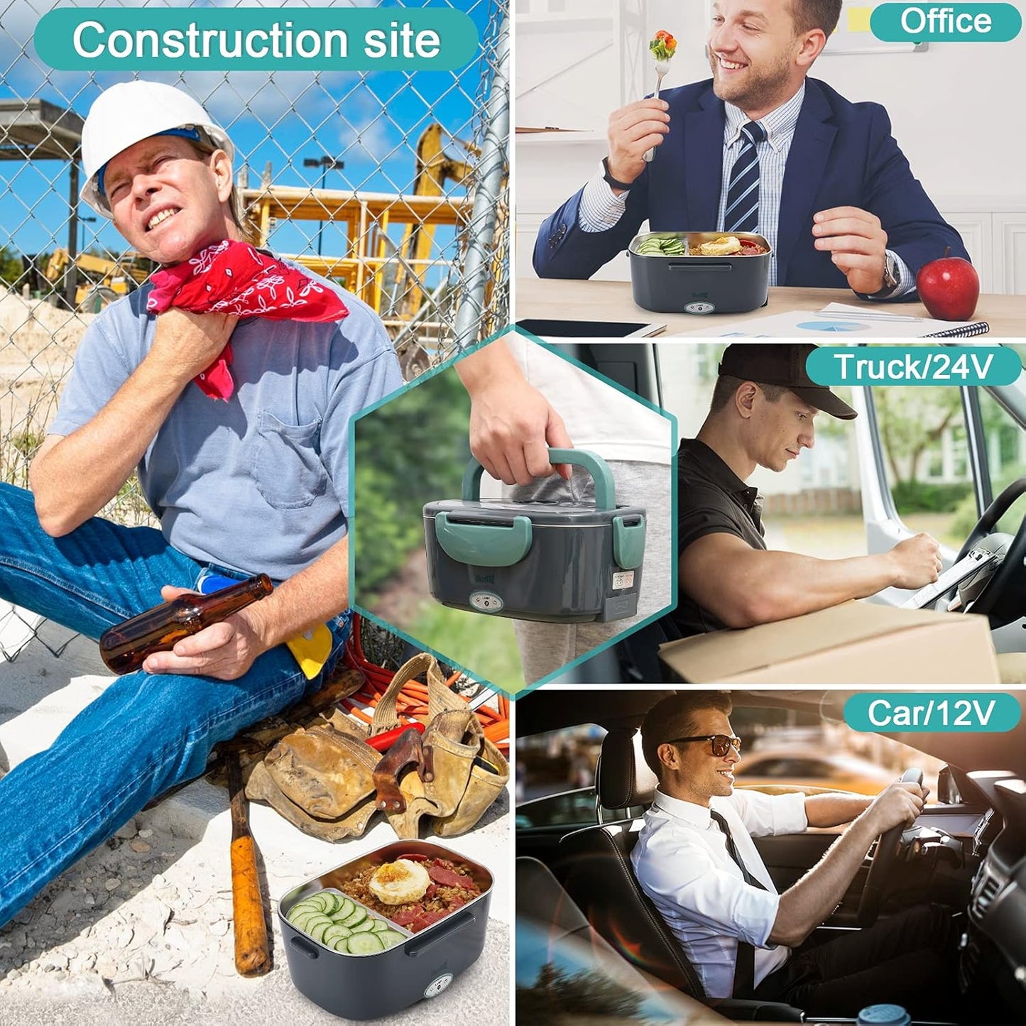 80W Electric Lunch Box, Portable Food Warmer for Car Truck Office, 12V 24V 110V Adapter, Leak Proof, 304 Stainless Steel Container, SS Fork & Spoon and Carry Bag (Green)