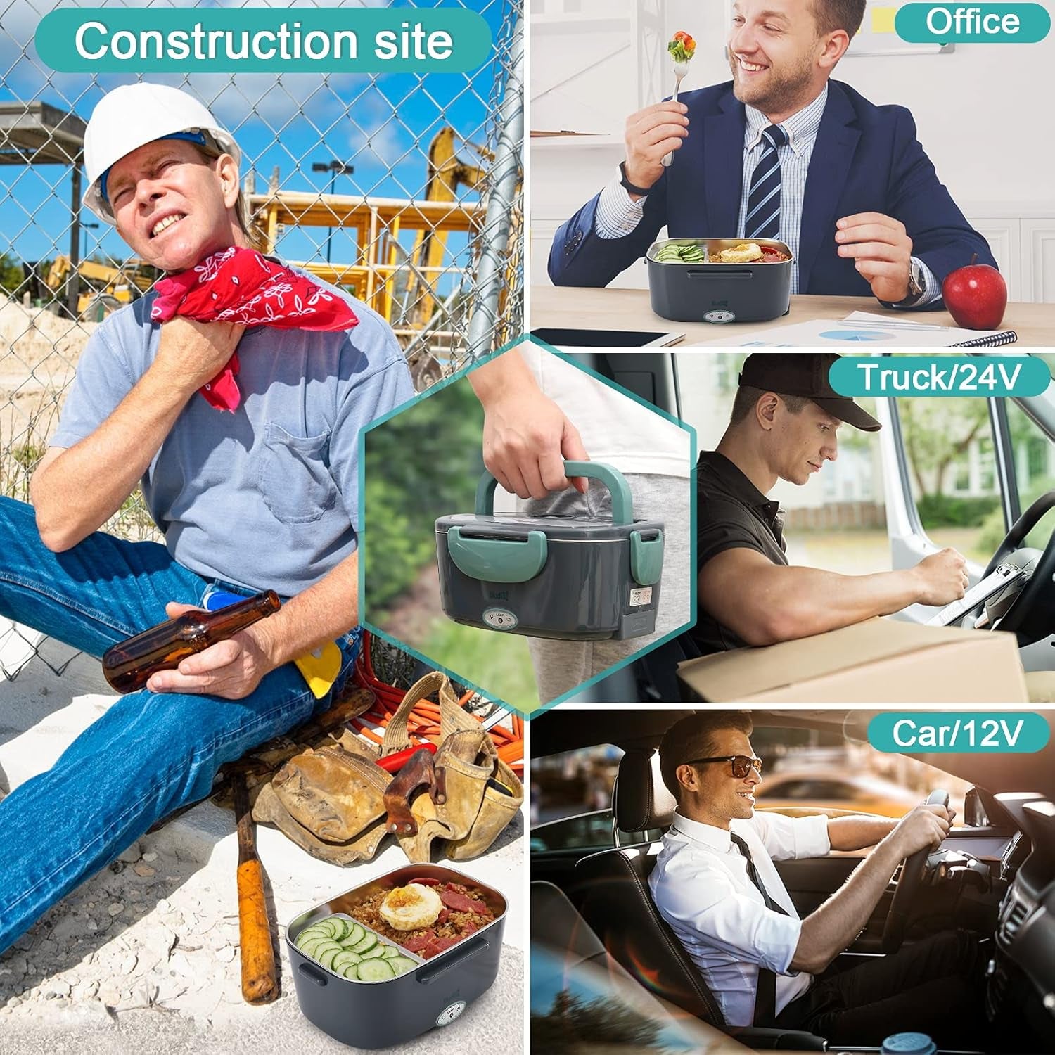 80W Electric Lunch Box, Portable Food Warmer for Car Truck Office, 12V 24V 110V Adapter, Leak Proof, 304 Stainless Steel Container, SS Fork & Spoon and Carry Bag (Green)