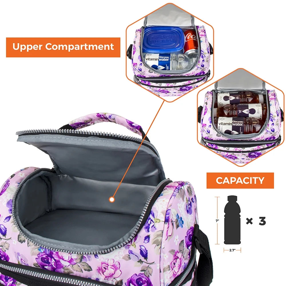 Lunch Box for Women, Insulated Large Lunch Bag Adult Work, Double Decker Lunchbox Meal Prep, Dual Compartment Leakproof Lunch Cooler, Soft Lunch Pail Tote for Girls Kids School, Floral Purple
