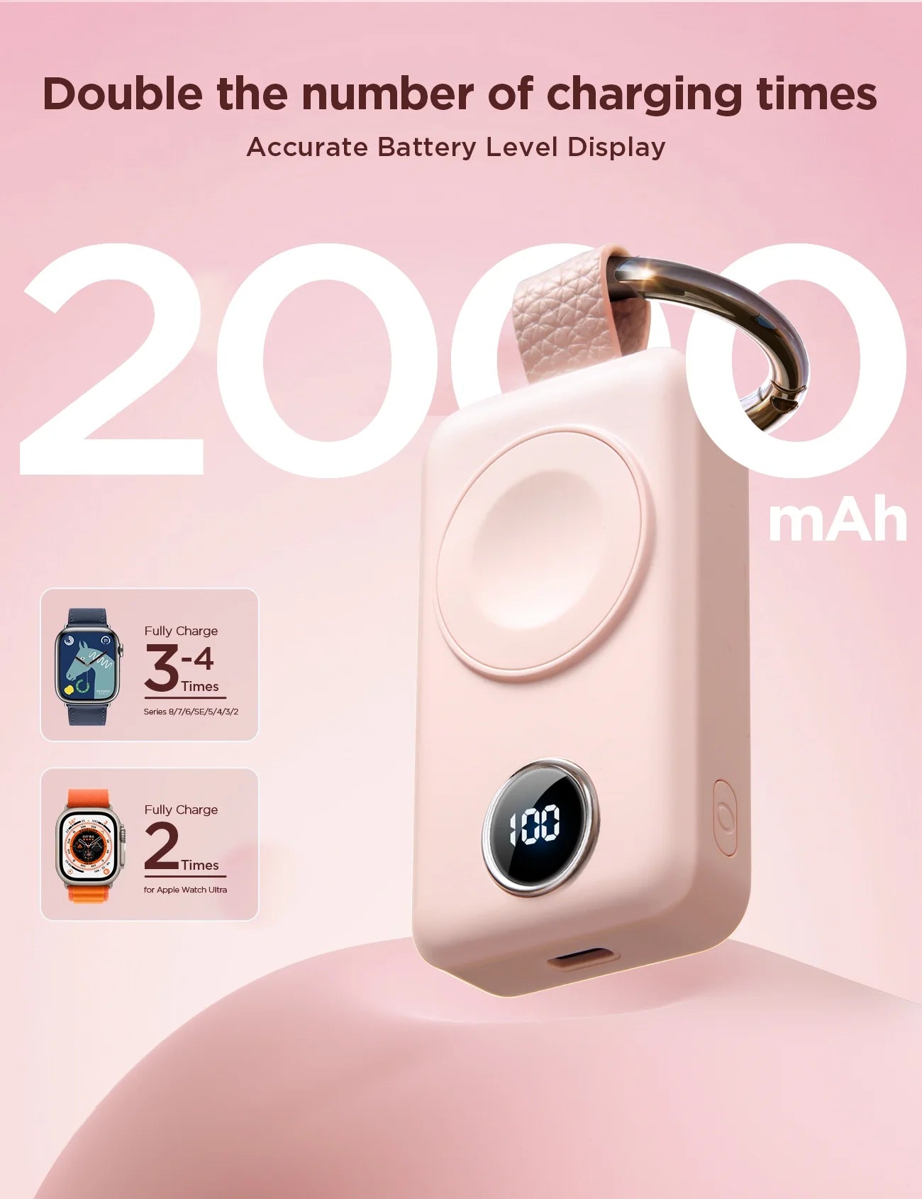 Portable Charger for Apple Watch, 2000Mah Magnetic Wireless Power Bank Fast Charger Keychain, Compatible for Iwatch Series 10/9/8/7/6/5/Se/4/3/2/Ultra 2, Pink