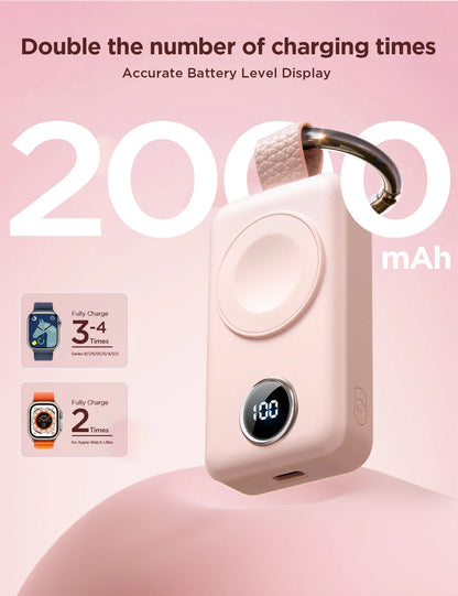 Portable Charger for Apple Watch, 2000Mah Magnetic Wireless Power Bank Fast Charger Keychain, Compatible for Iwatch Series 10/9/8/7/6/5/Se/4/3/2/Ultra 2, Pink