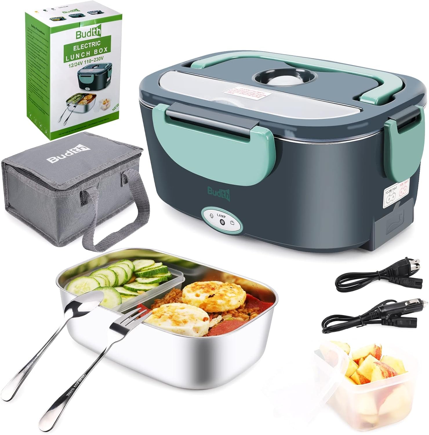 80W Electric Lunch Box, Portable Food Warmer for Car Truck Office, 12V 24V 110V Adapter, Leak Proof, 304 Stainless Steel Container, SS Fork & Spoon and Carry Bag (Green)