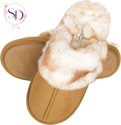 Jessica Simpson Women's Faux Fur Memory Foam House Slippers with Anti-Skid Sole