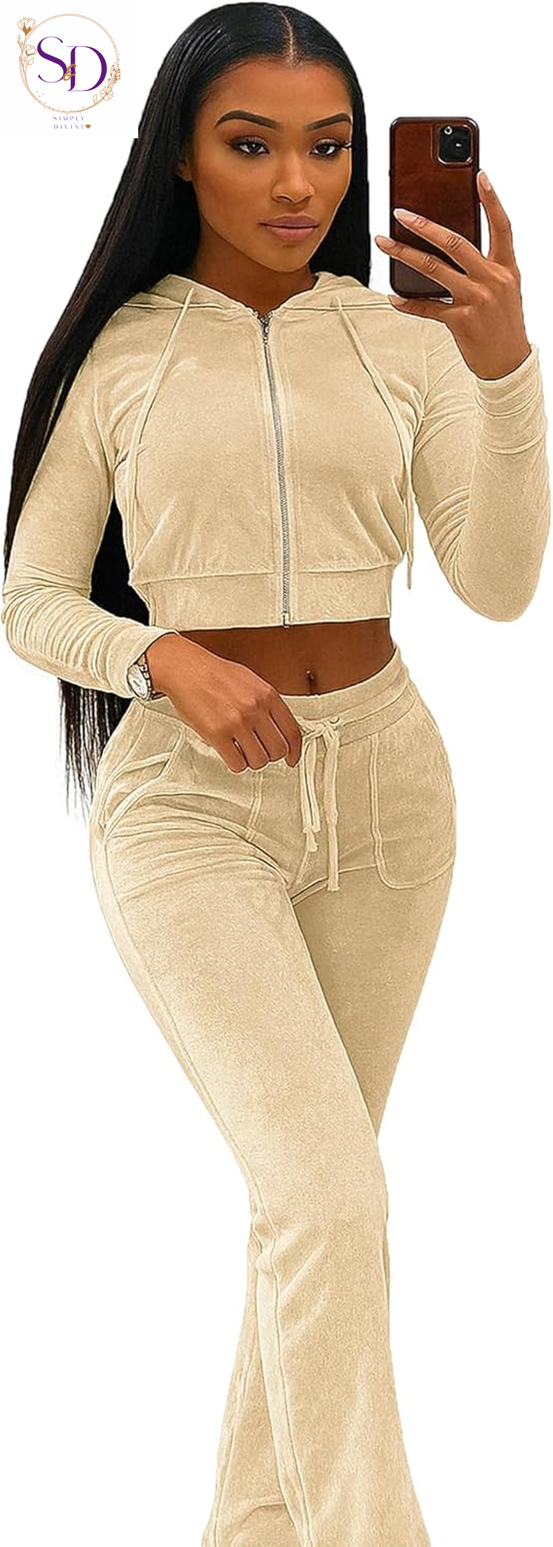Yidengymx Women's Velour Tracksuit: Long Sleeve Hooded Zip Crop Top and Flared Pants Set