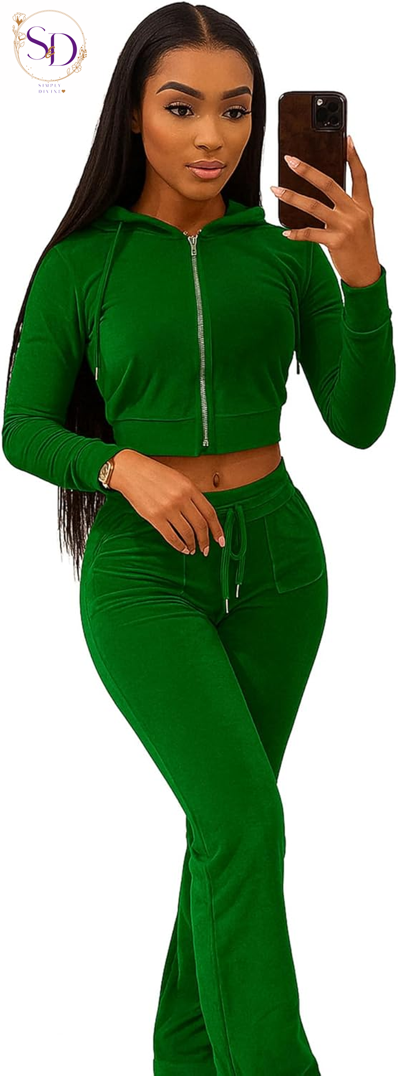 Yidengymx Women's Velour Tracksuit: Long Sleeve Hooded Zip Crop Top and Flared Pants Set