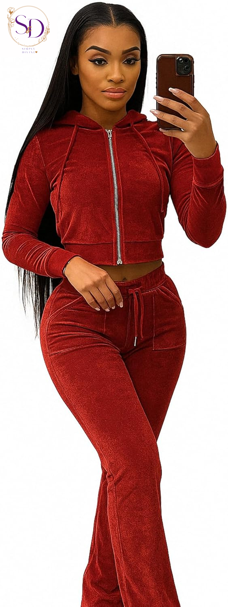 Yidengymx Women's Velour Tracksuit: Long Sleeve Hooded Zip Crop Top and Flared Pants Set