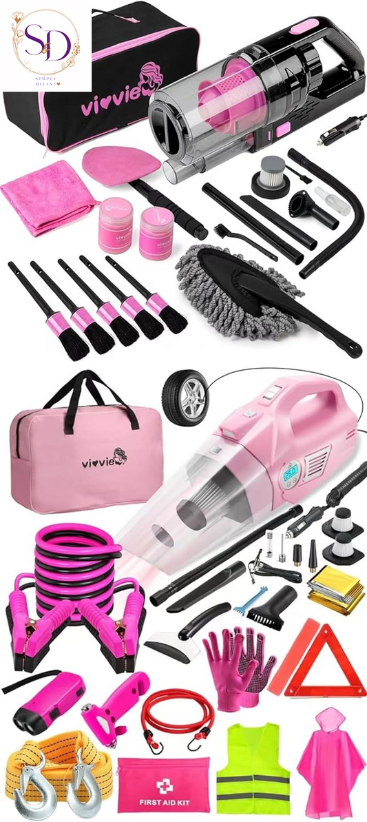 14PCS Car Cleaning Detailing Kit Interior Cleaner with High Power Car Vacuum and 56PCS Roadside Emergency Car Safety Kit
