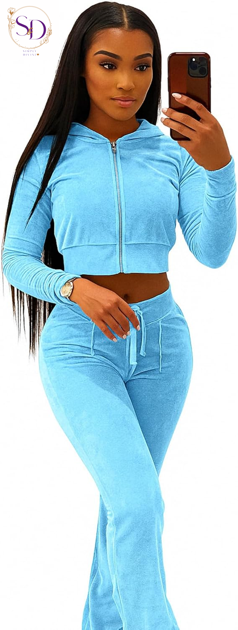 Yidengymx Women's Velour Tracksuit: Long Sleeve Hooded Zip Crop Top and Flared Pants Set